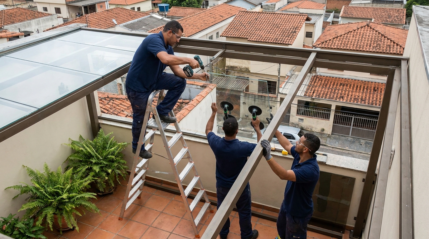 Equipe instalando cobertura de vidro em Maceió-AL